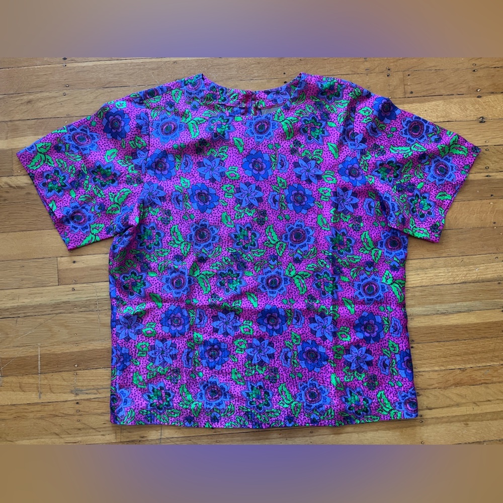 Boxy silk blouse top fuchsia hot pink purple green floral poppy pattern 14 M L